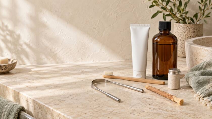 Toothpaste, stainless-steel tongue scraper and miswak arranged for a simple oral care routine