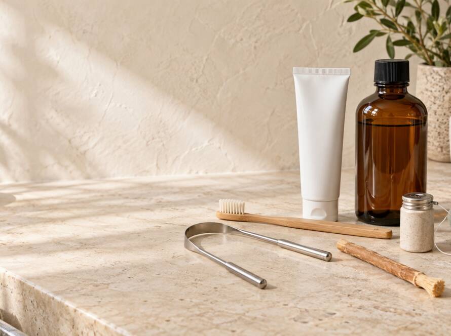 Toothpaste, stainless-steel tongue scraper and miswak arranged for a simple oral care routine